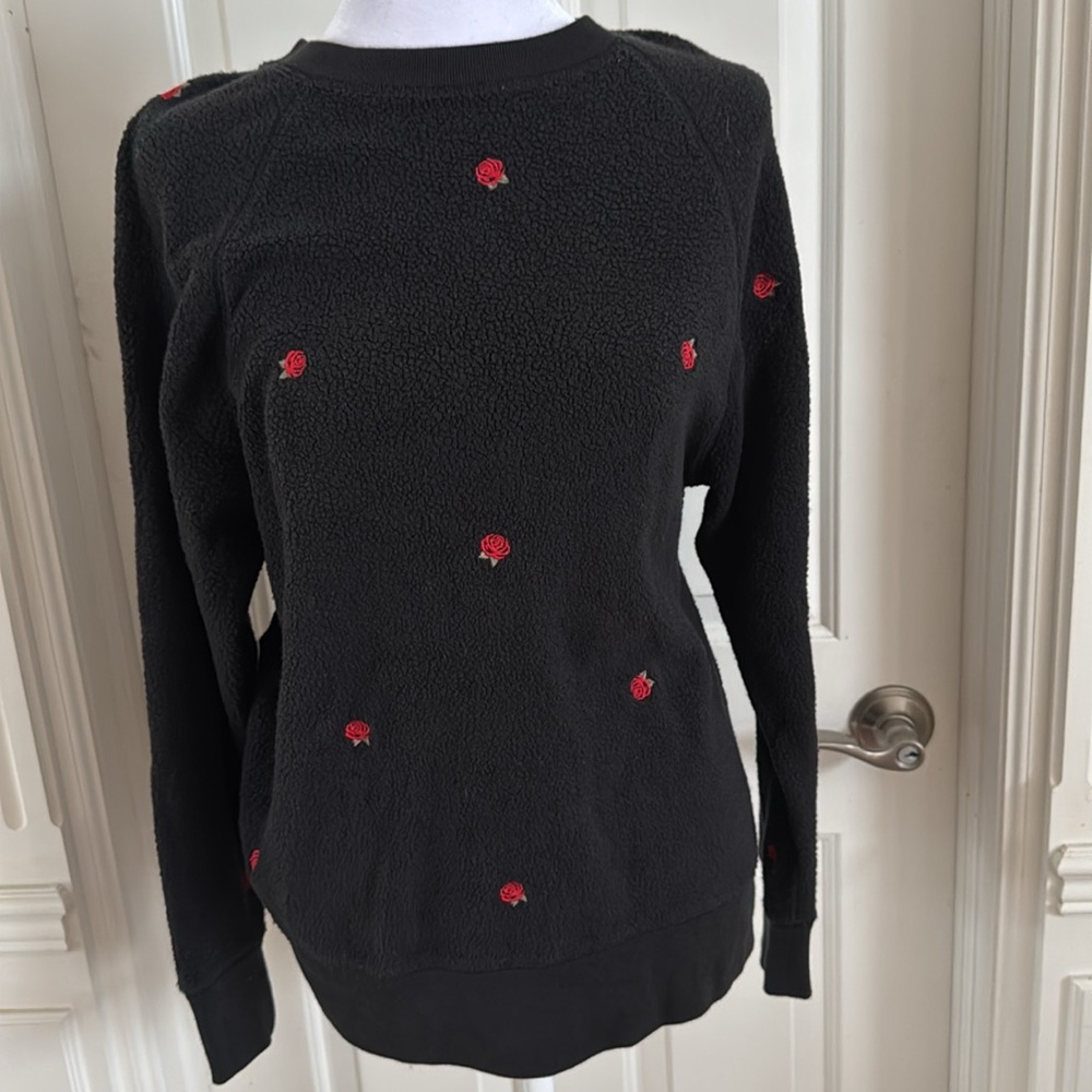 PINK sweater. Black with embroidered roses. X small but generous.